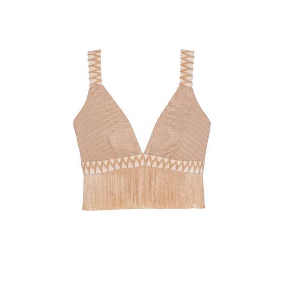 NEW PATBO metallic knit cropped top with fringe trim in clay - Picture 4 of 4